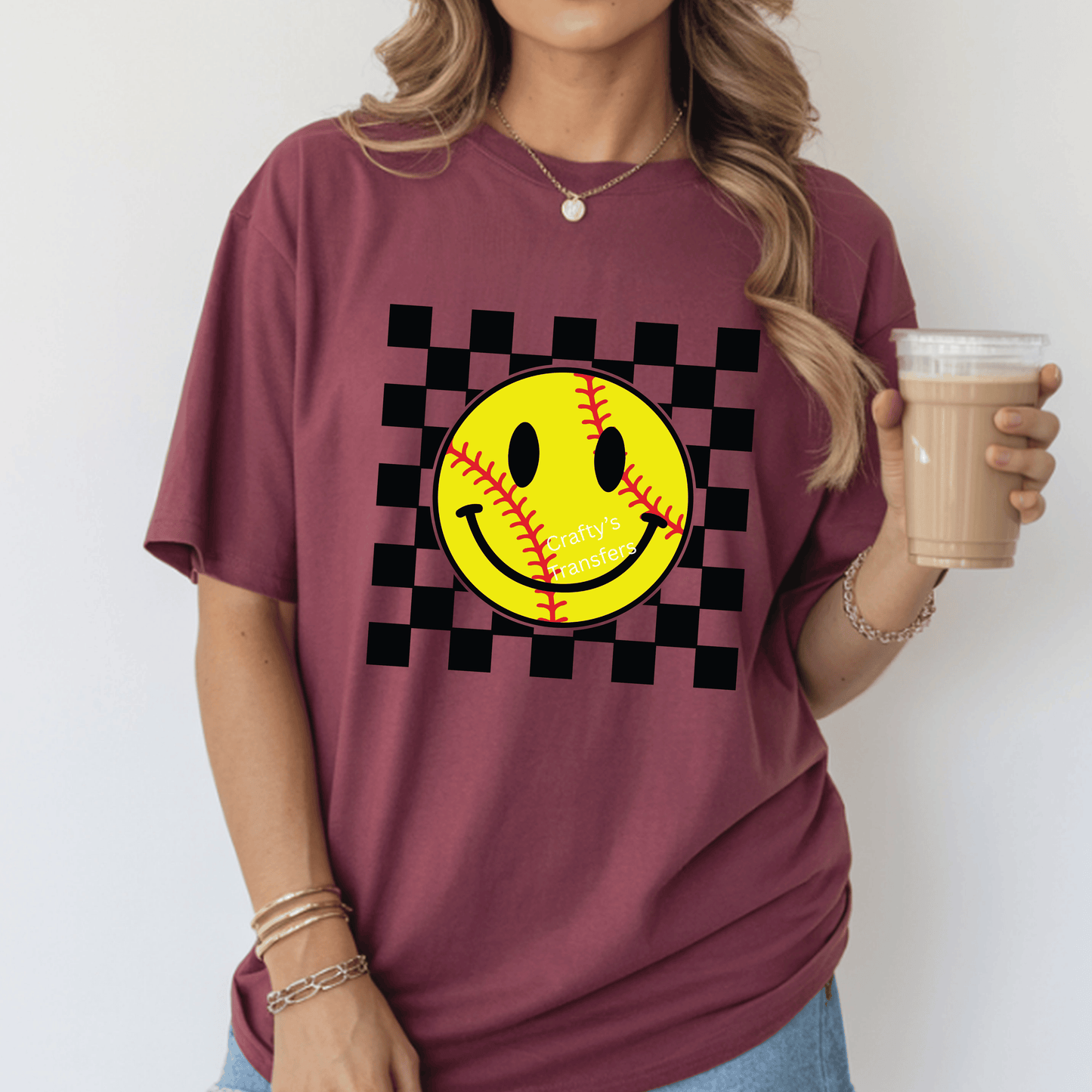 Softball Smiley Face DTF Transfer – Yellow Softball Checkerboard Graphic – Trendy Sports Mom Shirt Design