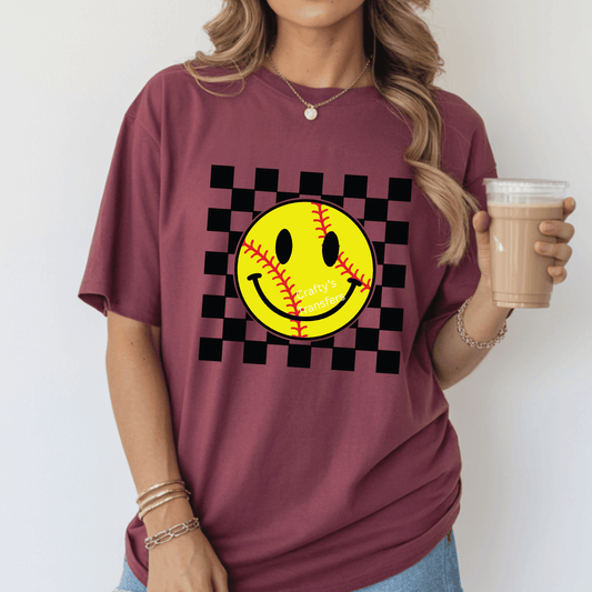 Softball Smiley Face DTF Transfer – Yellow Softball Checkerboard Graphic – Trendy Sports Mom Shirt Design