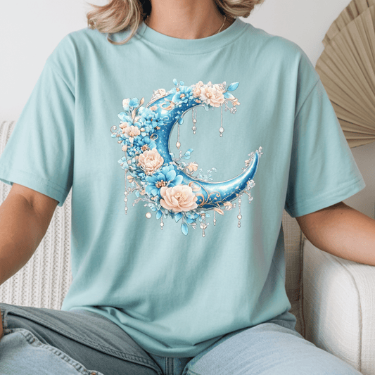 Floral Crescent Moon DTF Transfer | Blue & Blush Watercolor Moon Design | Celestial Boho Heat Transfer | Cottagecore Graphic Shirt Transfer