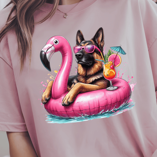 Funny German Shepherd Summer DTF Transfer | Flamingo Pool Float Dog Graphic | Beach Vacation Shirt Design | Ready to Press Heat Transfer
