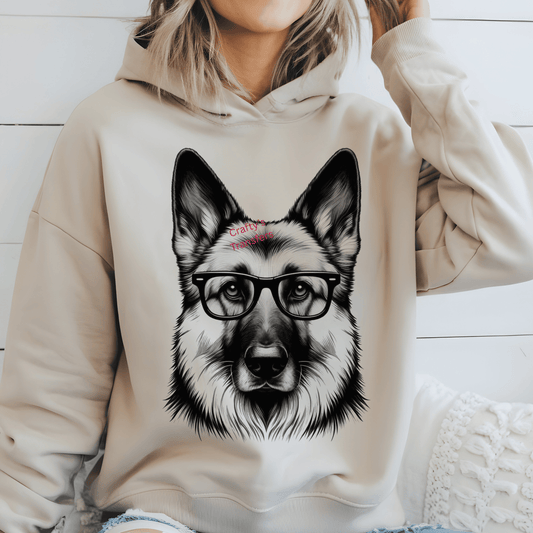 German Shepherd with Glasses DTF Transfer | Trendy Dog Portrait Graphic | Minimal Black Ink Shirt Design | Ready to Press Heat Transfer