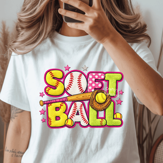 Softball DTF Transfer – Colorful Softball Graphic with Bat & Glove – Trendy Sports Mom Game Day Shirt Design