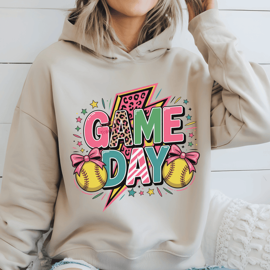 Game Day Softball DTF Transfer – Pink Leopard Lightning Bolt Sports Design – Softball Mom Shirt Transfer – Trendy Girls Game Day Heat Press