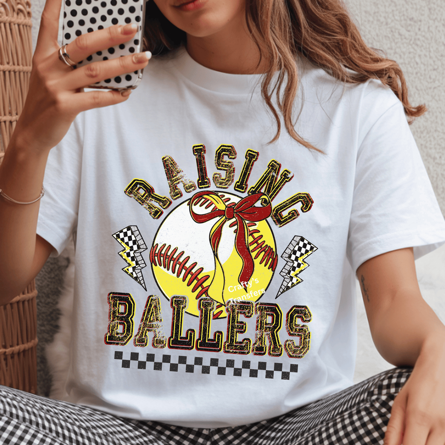 Raising Ballers Softball DTF Transfer – Checkered Lightning Bolt Sports Mom Game Day Shirt Design