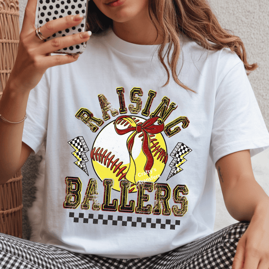 Raising Ballers Softball DTF Transfer – Checkered Lightning Bolt Sports Mom Game Day Shirt Design