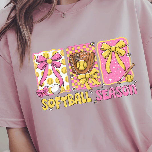 Softball Season DTF Transfer – Pink & Yellow Bow Softball Game Day Shirt Design – Sports Mom Ready to Press