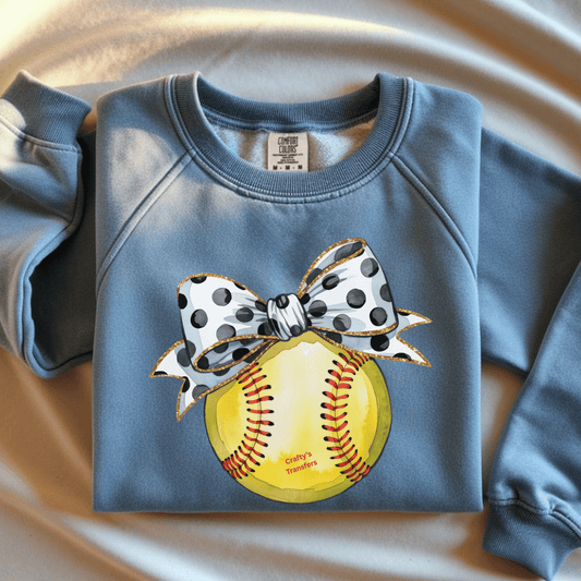 Softball Bow DTF Transfer – Yellow Softball with Black Polka Dot Glitter Trim Bow – Girly Game Day Shirt Design
