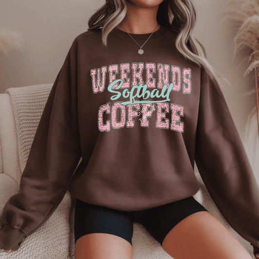 Weekends Softball Coffee DTF Transfer – Softball Mom Game Day Shirt Design – Trendy Sports Graphic Tee Print