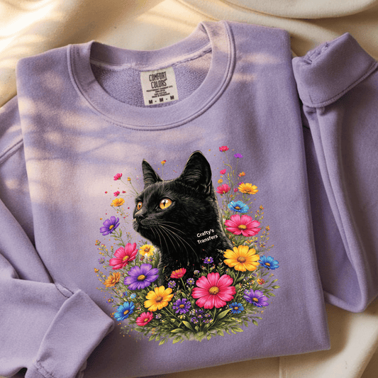 Black Cat Floral DTF Transfer – Colorful Wildflower Cat Shirt Design – Ready to Press