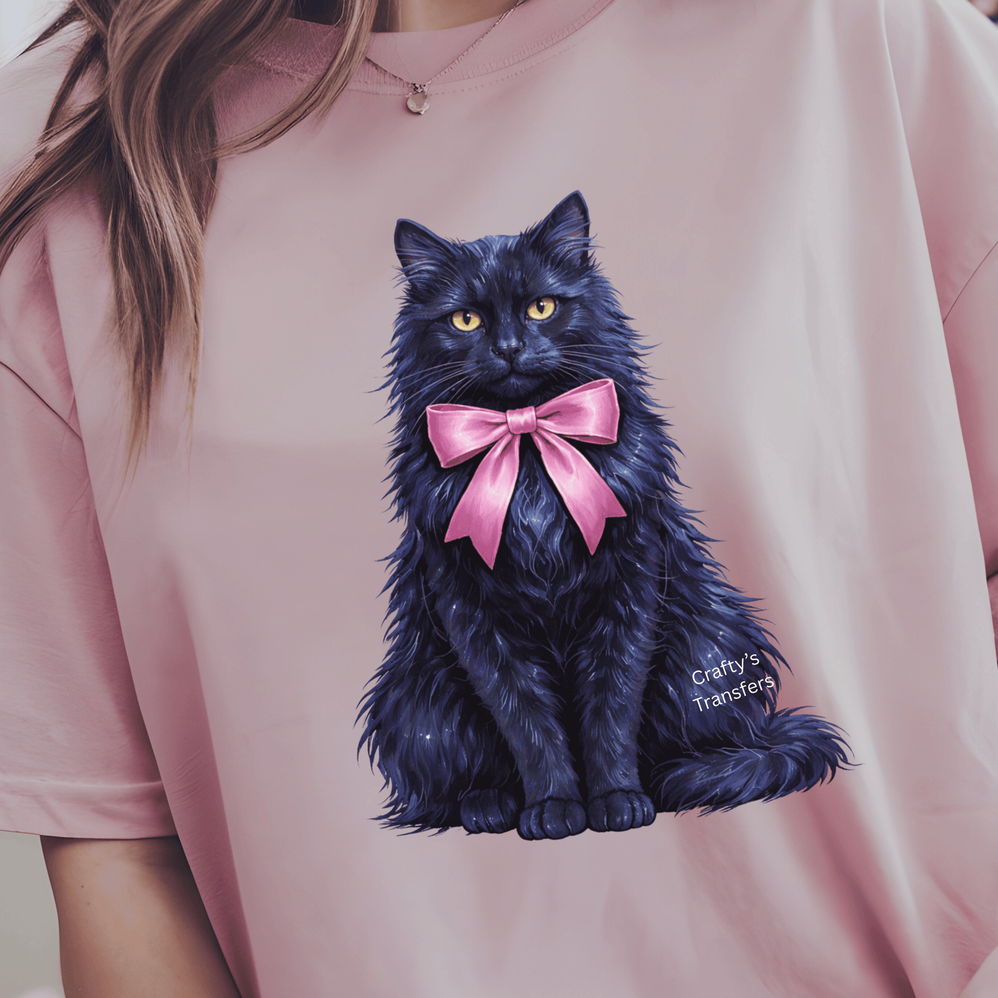 Black Cat with Pink Bow DTF Transfer – Elegant Cat Lover Shirt Design – Ready to Press