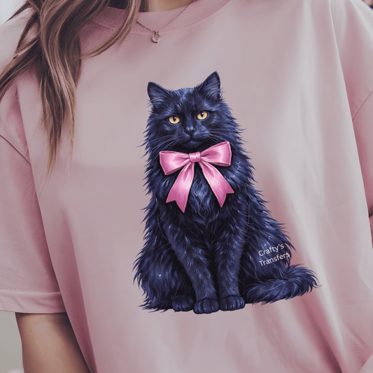 Black Cat with Pink Bow DTF Transfer – Elegant Cat Lover Shirt Design – Ready to Press