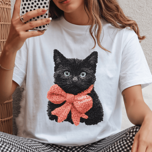 Black Cat with Knit Bow DTF Transfer – Cozy Cat Lover Shirt Design – Ready to Press