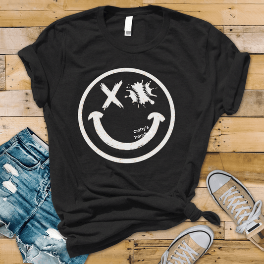 Baseball Smiley Face DTF Transfer – Grunge Baseball Smile Graphic – Distressed Sports Shirt Transfer – Game Day Tee Heat Press Transfer