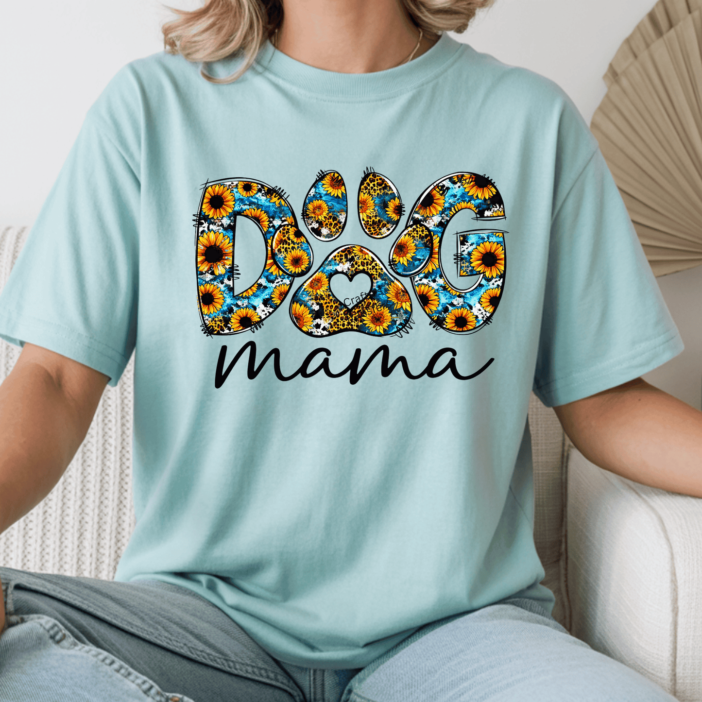 Dog Mama Sunflower Paw Print DTF Transfer – Leopard Print Floral Paw – Blue and Yellow Dog Mom Shirt Transfer – Ready to Press Heat Transfer