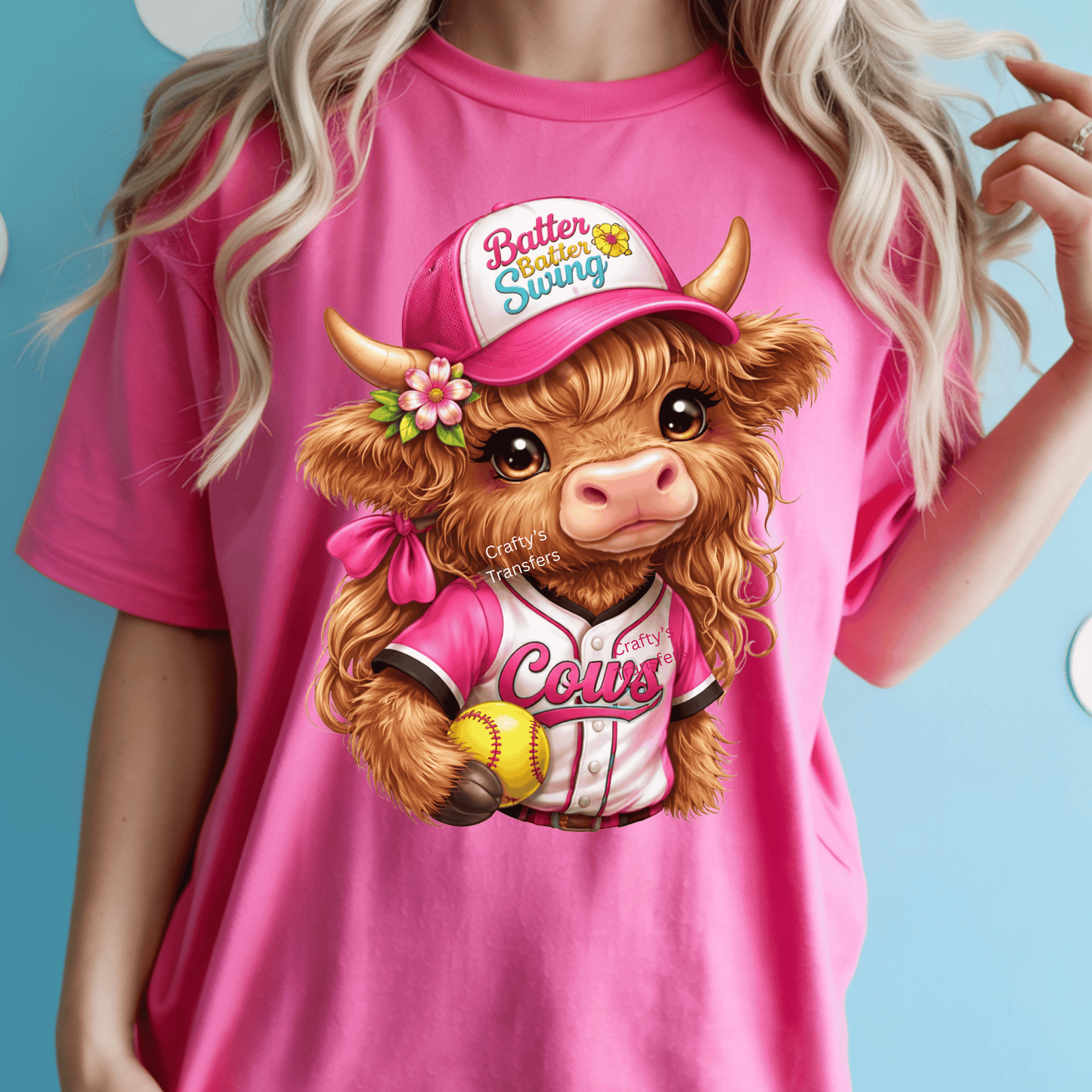Highland Cow Softball DTF Transfer – Batter Batter Swing Pink Cow Shirt Design – Cute Girl Softball Heat Press Transfer – Ready to Press