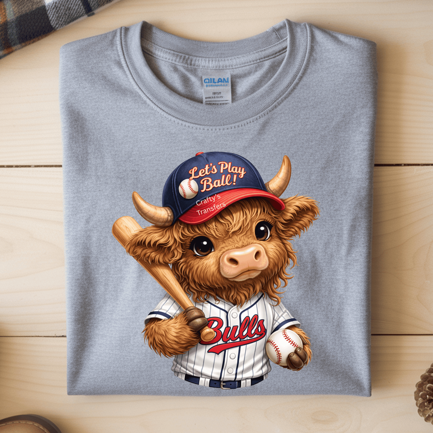 Highland Cow Baseball DTF Transfer – Let’s Play Ball Cute Boy Cow Shirt Design – Game Day Baseball Heat Press Transfer – Ready to Press