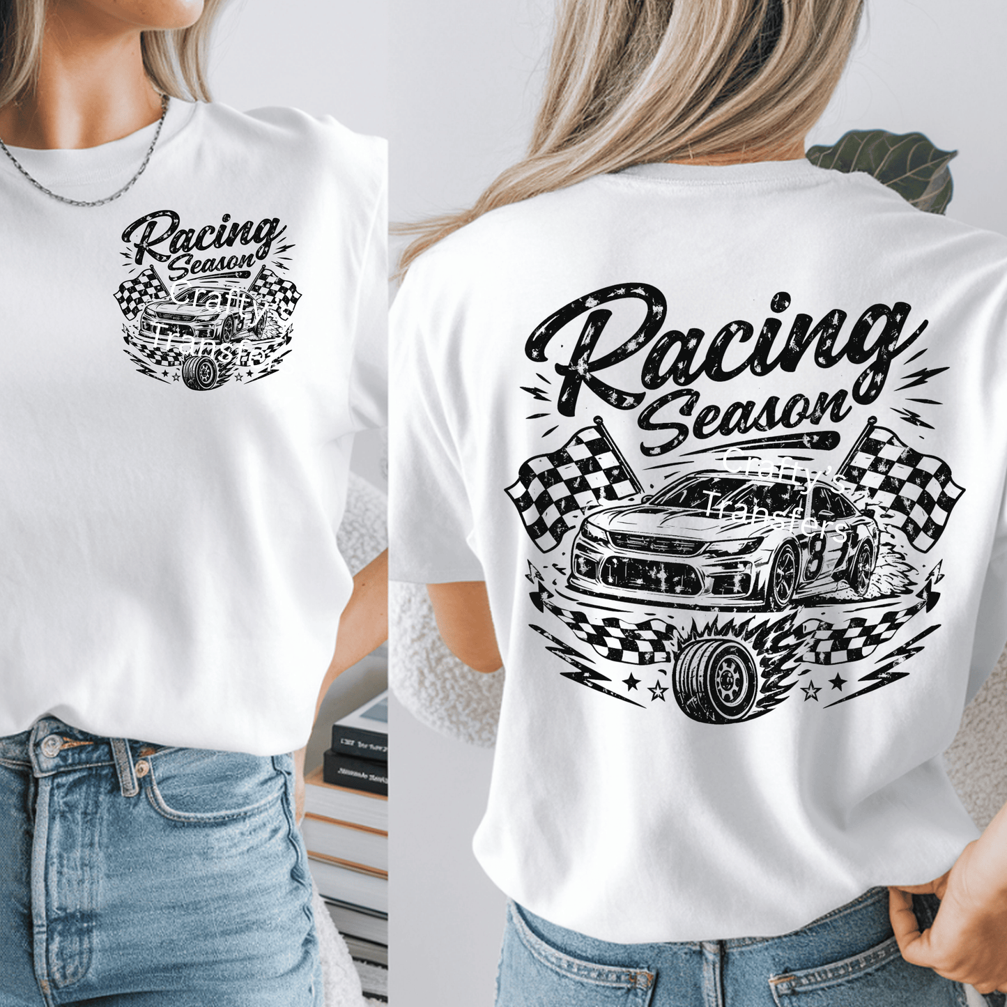 Racing Season DTF Transfer – Distressed Race Car Shirt Design with Checkered Flags – Front & Back Graphic Heat Press Transfer – Ready to Press