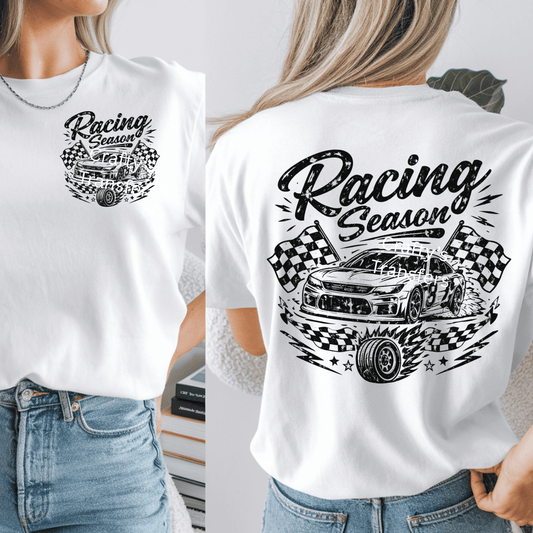 Racing Season DTF Transfer – Distressed Race Car Shirt Design with Checkered Flags – Front & Back Graphic Heat Press Transfer – Ready to Press