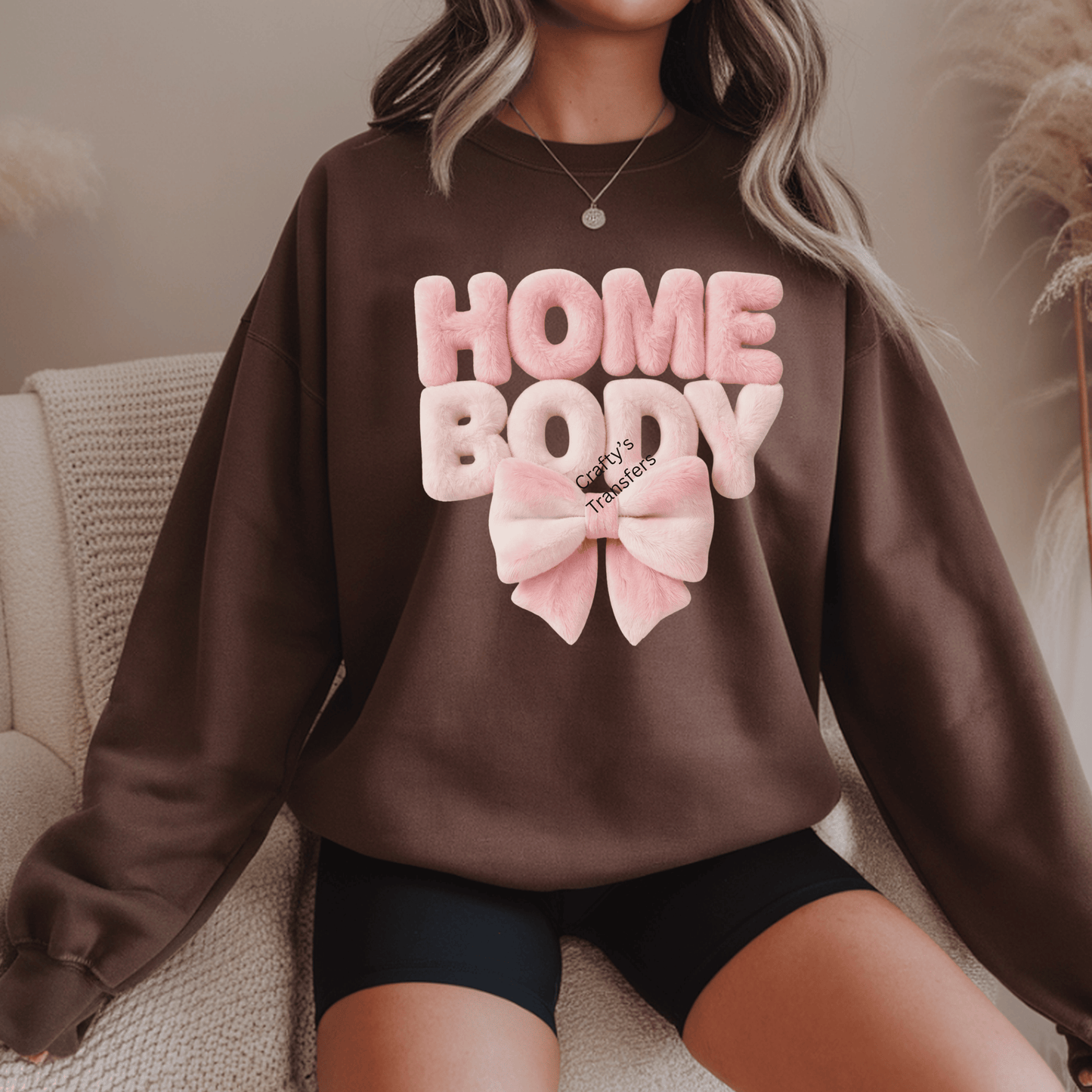 Homebody Pink Puff DTF Transfer – Cozy Bow Sweatshirt Design – Girly Plush Letter Heat Press Transfer – Ready to Press