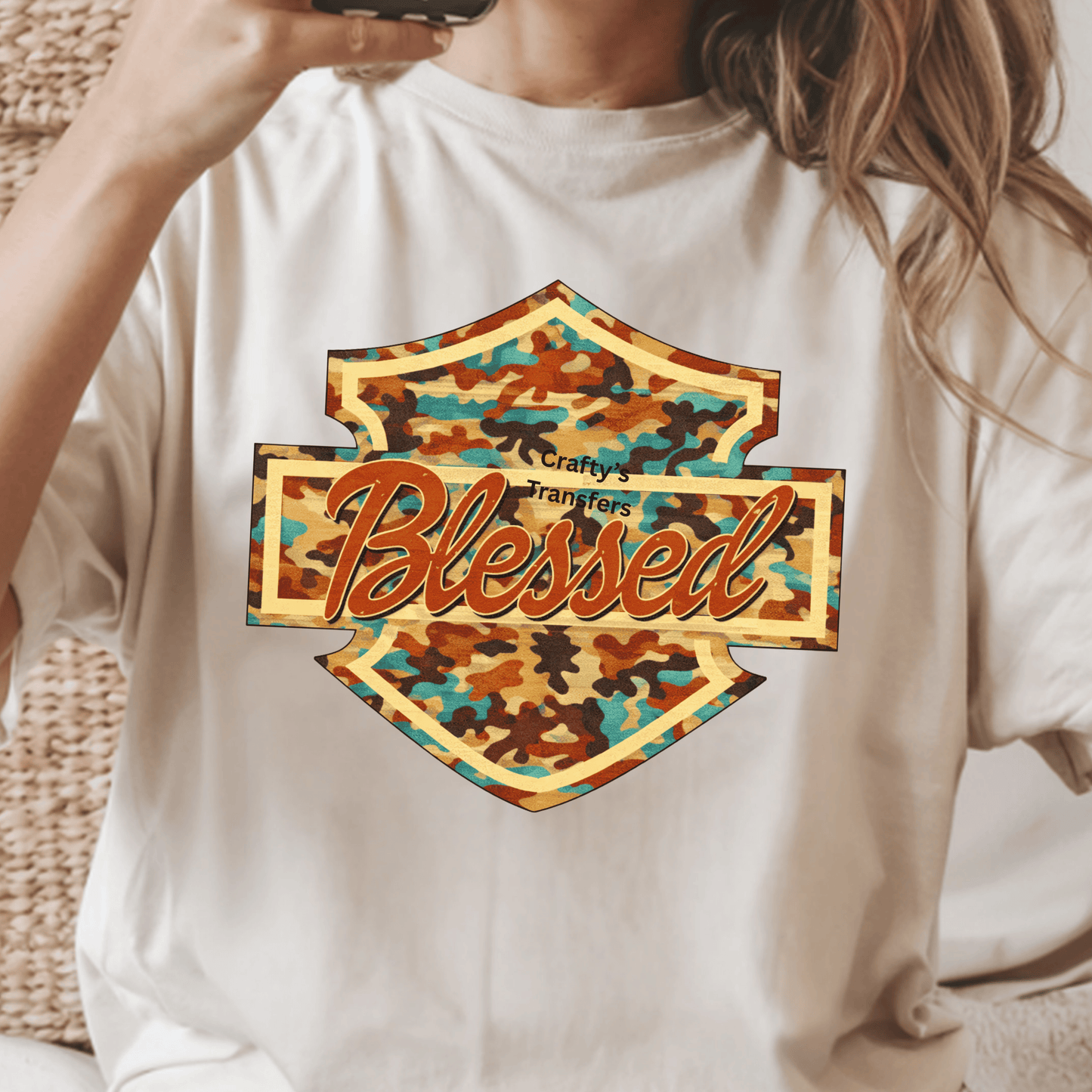 Blessed Camo Western DTF Transfer – Turquoise Camouflage Shield Shirt Design – Rustic Faith Heat Press Transfer – Ready to Press