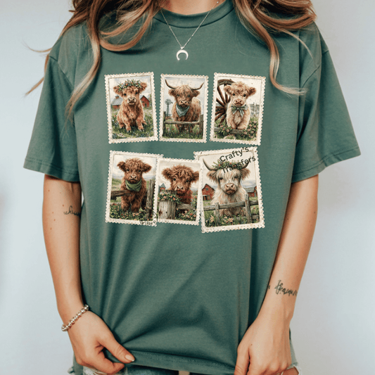 Vintage Highland Cow Stamp Collage DTF Transfer – Cottagecore Farmhouse Cow Shirt Design – Rustic Western Floral Heat Press Transfer – Ready to Press