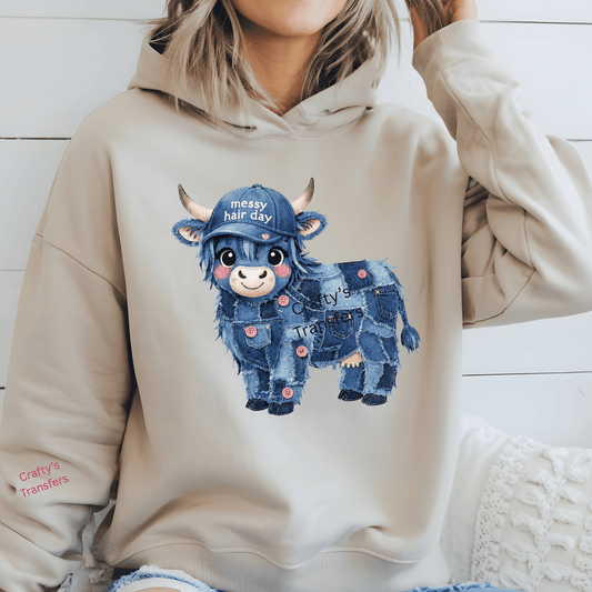 Messy Hair Day Highland Cow DTF Transfer – Denim Patchwork Cow Shirt Design – Cute Western Boutique Heat Press Transfer – Ready to Press