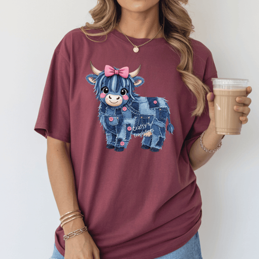 Pink Bow Highland Cow DTF Transfer – Denim Patchwork Cow Shirt Design – Cute Girly Western Heat Press Transfer – Ready to Press