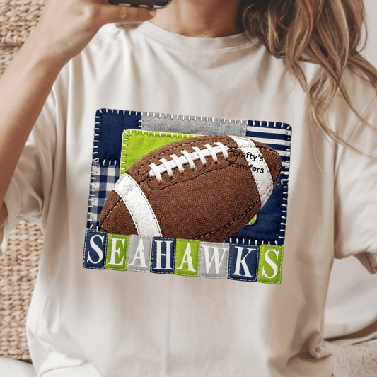 Seattle Football Patchwork DTF Transfer – Blue & Green Quilted Game Day Shirt Design – Ready to Press