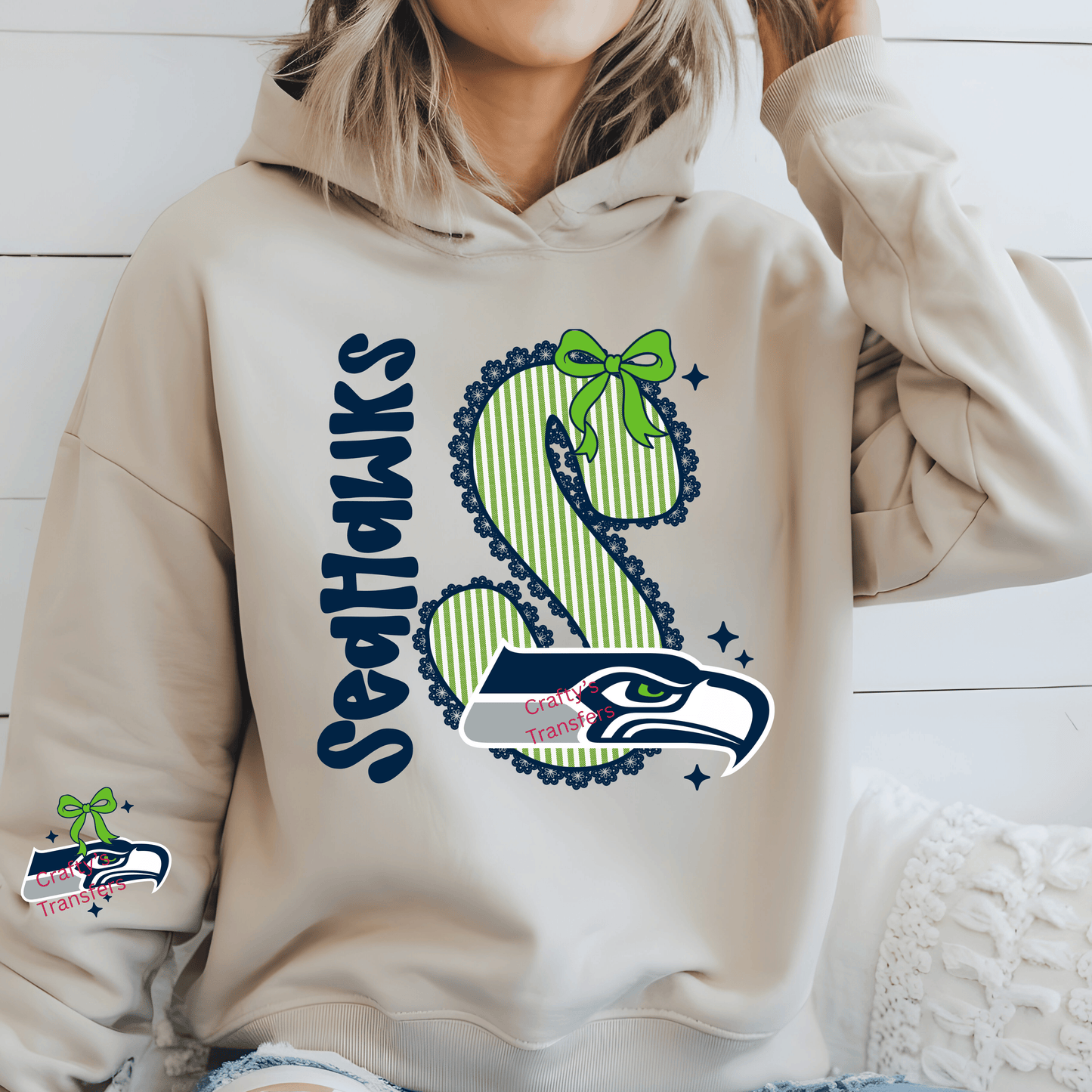 Seattle Football Seersucker Bow DTF Transfer – Blue & Green Fan Spirit Shirt Design – Ready to Press