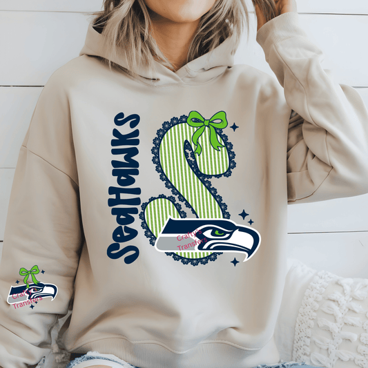 Seattle Football Seersucker Bow DTF Transfer – Blue & Green Fan Spirit Shirt Design – Ready to Press