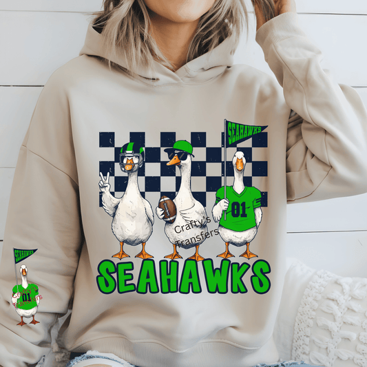 Seahawks Geese Football DTF Transfer – Funny Game Day Ducks Mascot Shirt Design – Green & Navy Team Spirit Heat Press Transfer