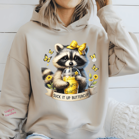 Suck It Up Buttercup Raccoon DTF Transfer – Cute Yellow Lemonade Raccoon Shirt Design – Funny Sassy Heat Press Transfer – Ready to Press
