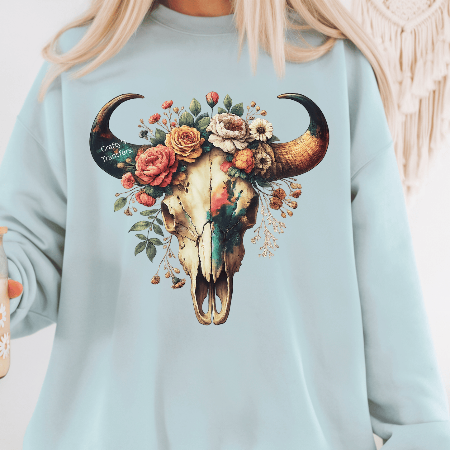 Floral Steer Skull DTF Transfer – Western Boho Cow Skull with Flowers Shirt Design – Rustic Boutique Heat Press Transfer – Ready to Press