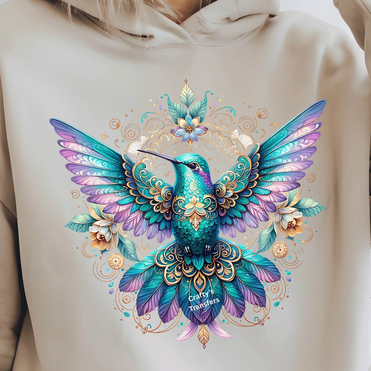 Ornate Teal & Purple Hummingbird DTF Transfer – Boho Floral Mandala Bird Design – Boutique Ready to Press Heat Transfer