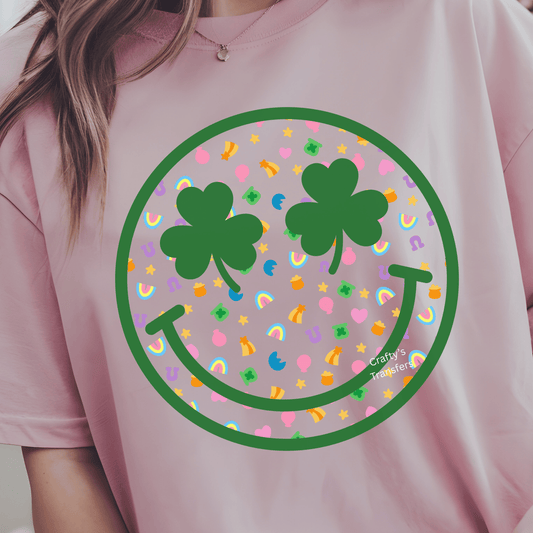 Lucky Shamrock Smiley Face DTF Transfer – Retro St Patrick’s Day Graphic – Trendy Clover Smile Transfer for Shirts
