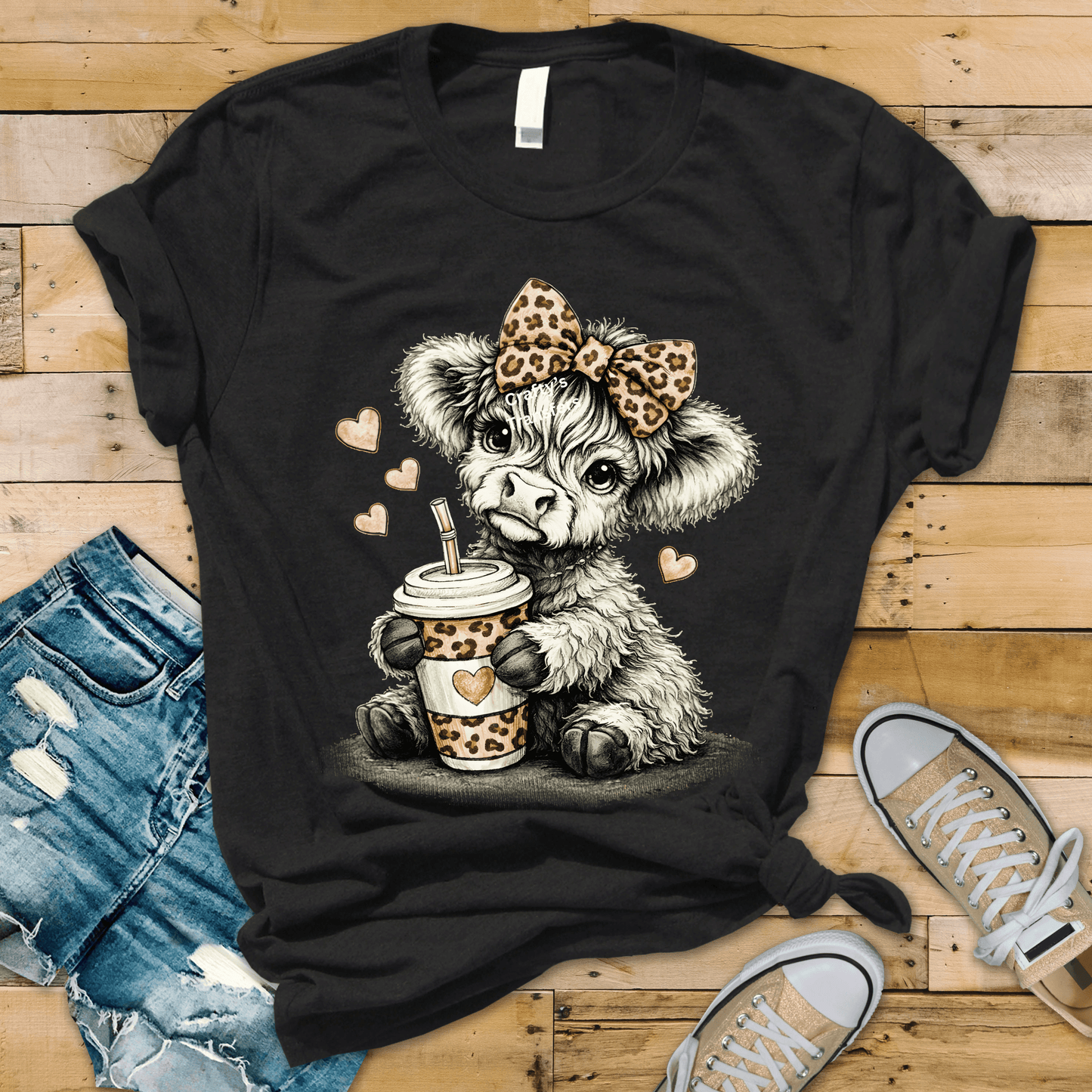Highland Cow with Leopard Bow & Iced Coffee DTF Transfer – Cute Cowgirl Graphic – Trendy Western Coffee Lover Transfer