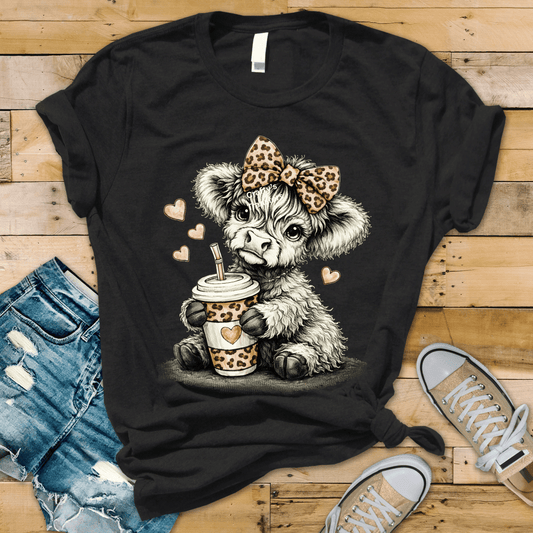 Highland Cow with Leopard Bow & Iced Coffee DTF Transfer – Cute Cowgirl Graphic – Trendy Western Coffee Lover Transfer