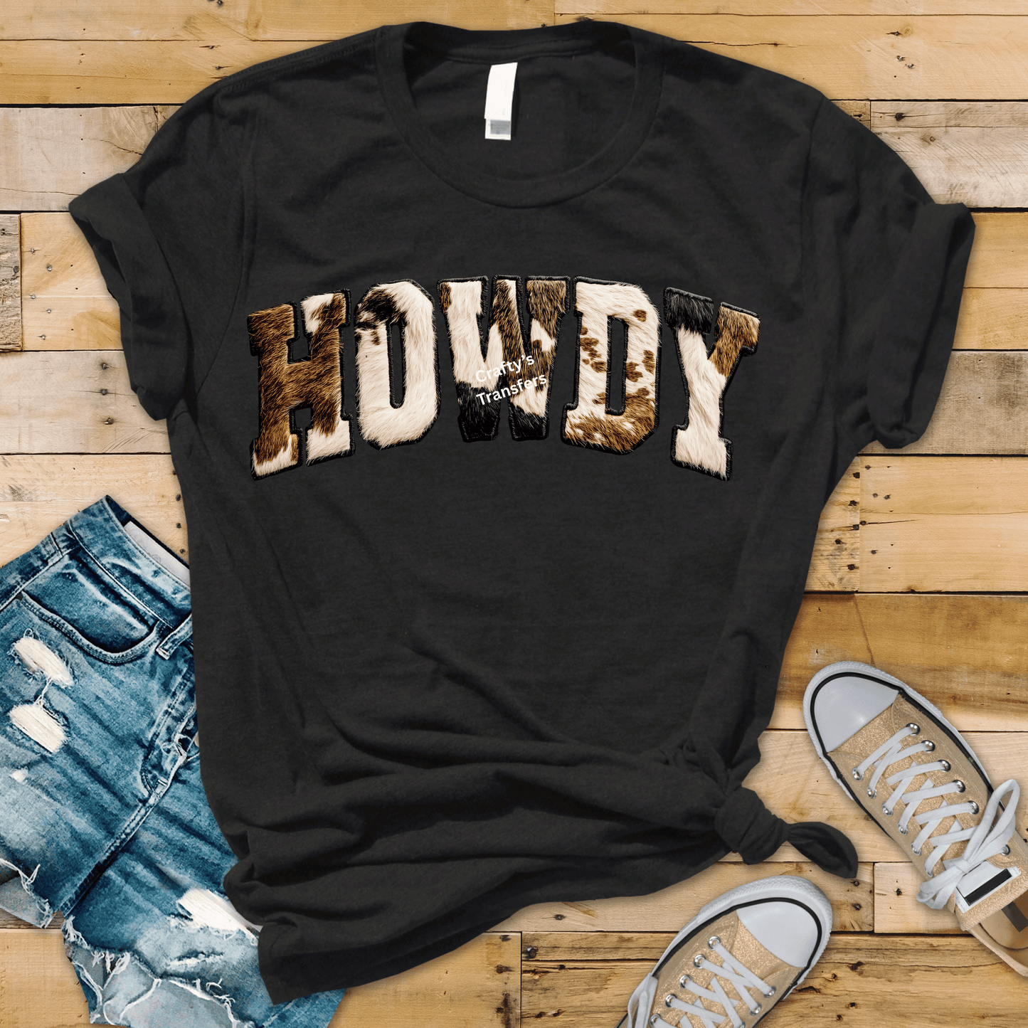 Cowhide Howdy DTF Transfer – Western Faux Fur Lettering – Trendy Cow Print Rodeo Transfer for Shirts
