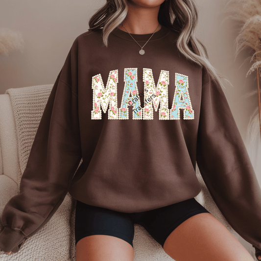 Floral Mama DTF Transfer – Pearl Outline Pink & Blue Vintage Rose Design – Trendy Boutique Mom Shirt – Ready to Press