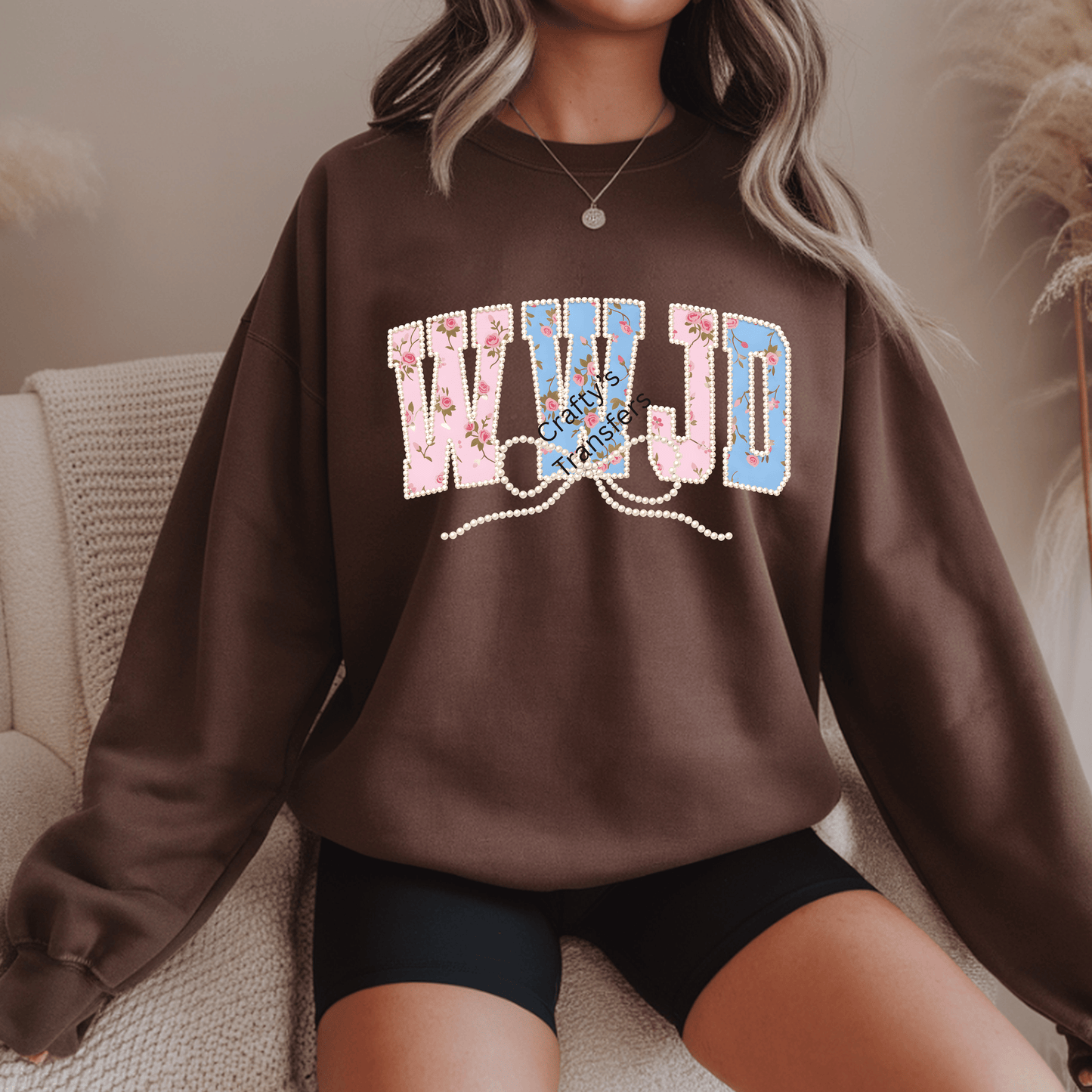 Floral WWJD DTF Transfer – Pearl Outline Vintage Rose Design – Christian Faith Shirt Graphic – Ready to Press