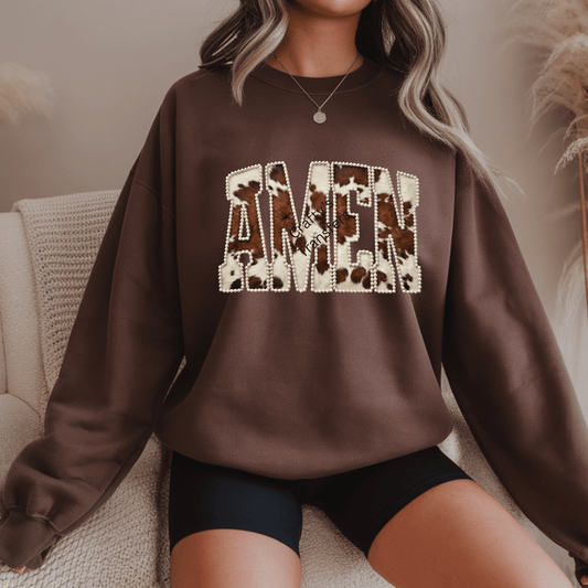 Western Cowhide Amen DTF Transfer – Brown & White Cow Print with Pearl Outline – Trendy Western Amen Shirt Design – Ready to Press