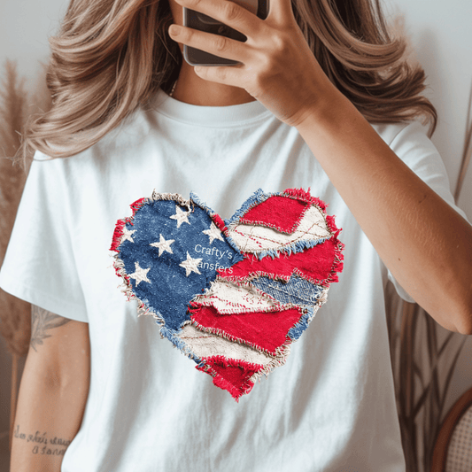 Distressed American Flag Heart DTF Transfer – Patriotic Denim Patchwork Design – 4th of July Shirt Graphic – Ready to Press