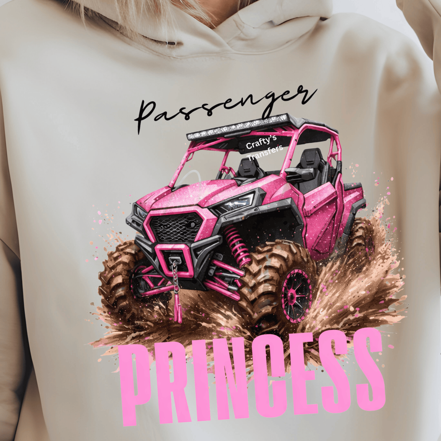 Passenger Princess Pink UTV DTF Transfer – Mud Riding Off Road Girl Graphic – Side by Side ATV Shirt Design