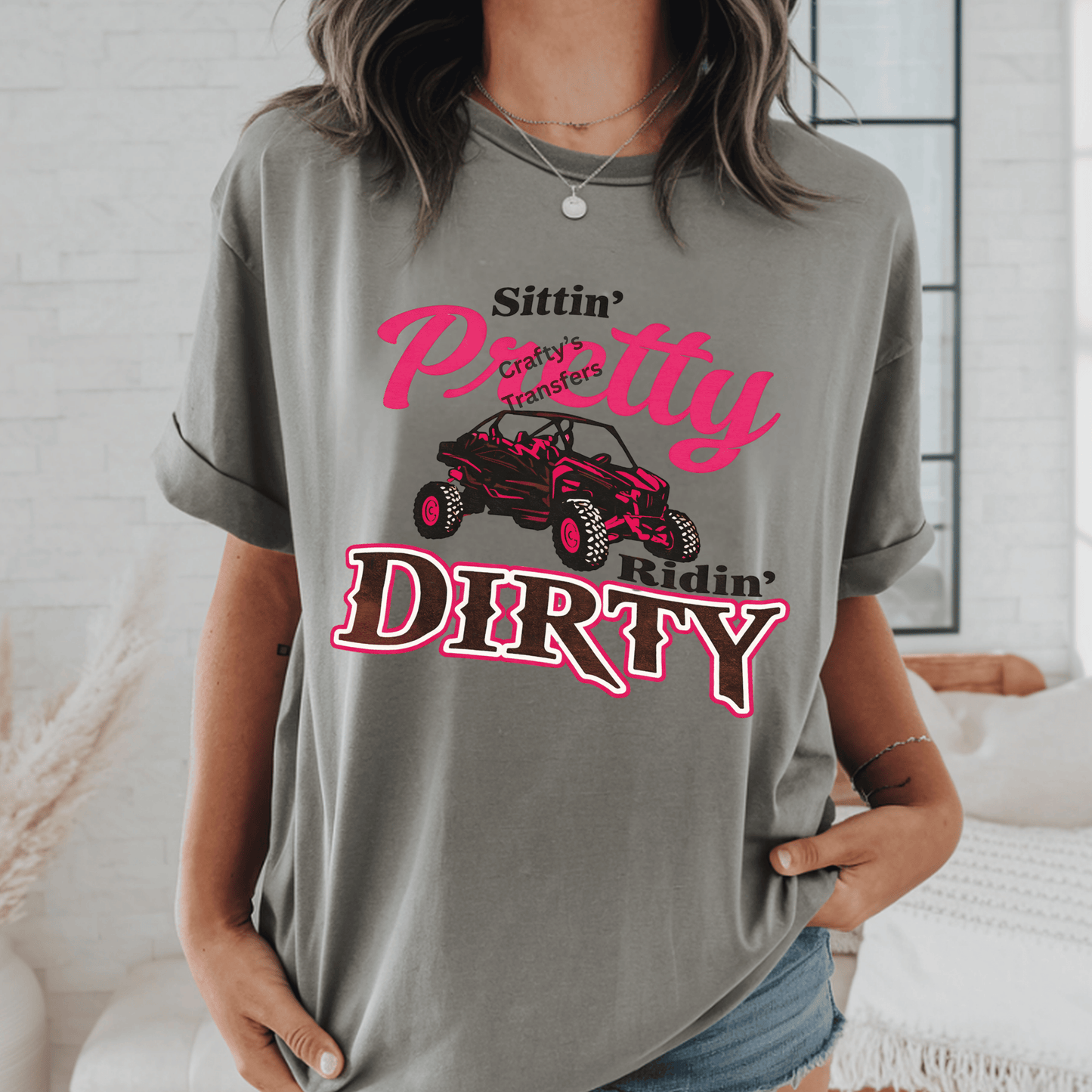 Sittin’ Pretty Ridin’ Dirty DTF Transfer – Pink UTV Mud Life Shirt Design – Side by Side Heat Press Transfer