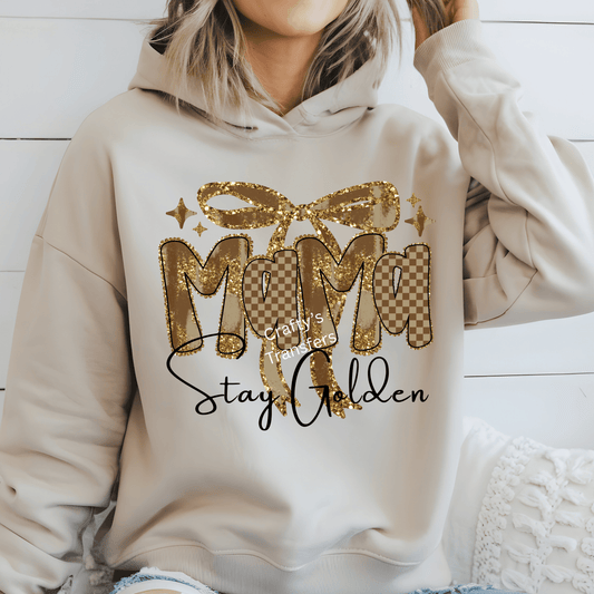 Stay Golden Mama DTF Transfer – Glitter Bow Mom Shirt Design – Trendy Neutral Boutique Mama Heat Press Transfer