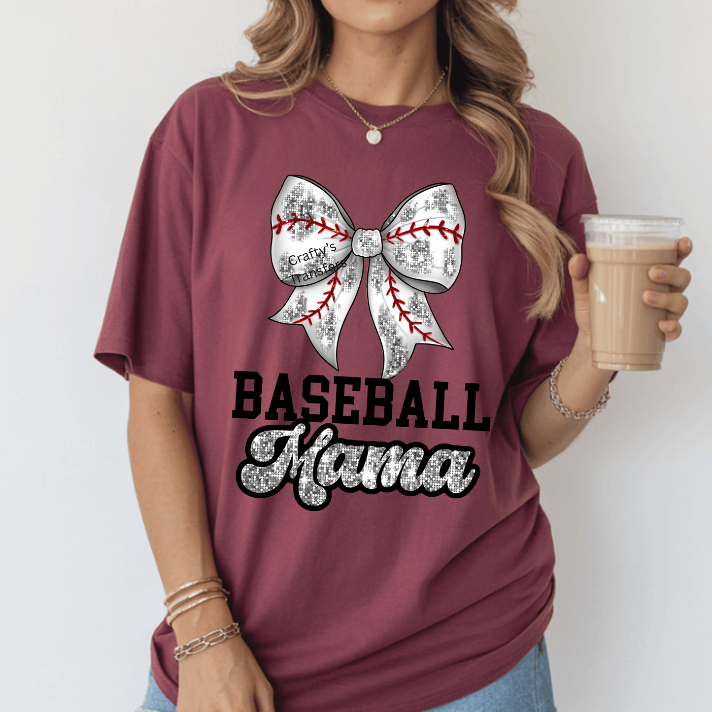 Baseball Mama DTF Transfer – Silver Sequin Bow Baseball Mom Shirt Design – Glitter Softball Mama Heat Press Transfer