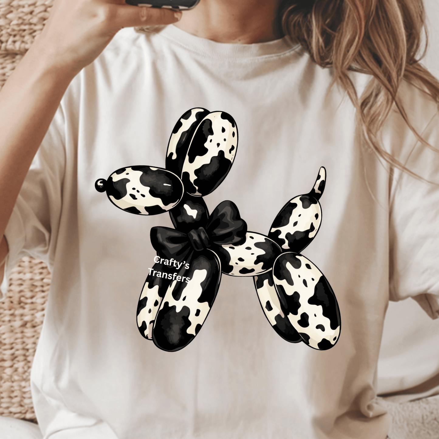 Cow Print Balloon Dog DTF Transfer – Black & Ivory Western Balloon Animal Graphic – Trendy Boutique Heat Press Shirt Design