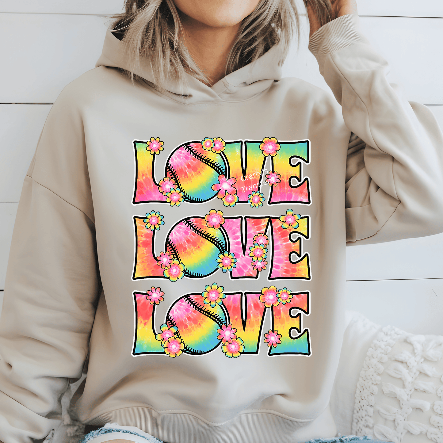 Softball Love DTF Transfer – Rainbow Tie Dye LOVE with Softball & Flowers – Trendy Game Day Heat Press Transfer