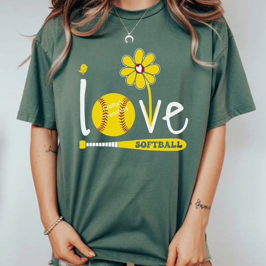 Love Softball DTF Transfer – Floral Softball Bat Design – Cute Softball Mom Heat Press Transfer