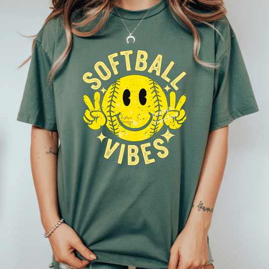 Softball Vibes DTF Transfer – Smiley Face Softball Peace Sign – Retro Softball Mom Heat Press Transfer